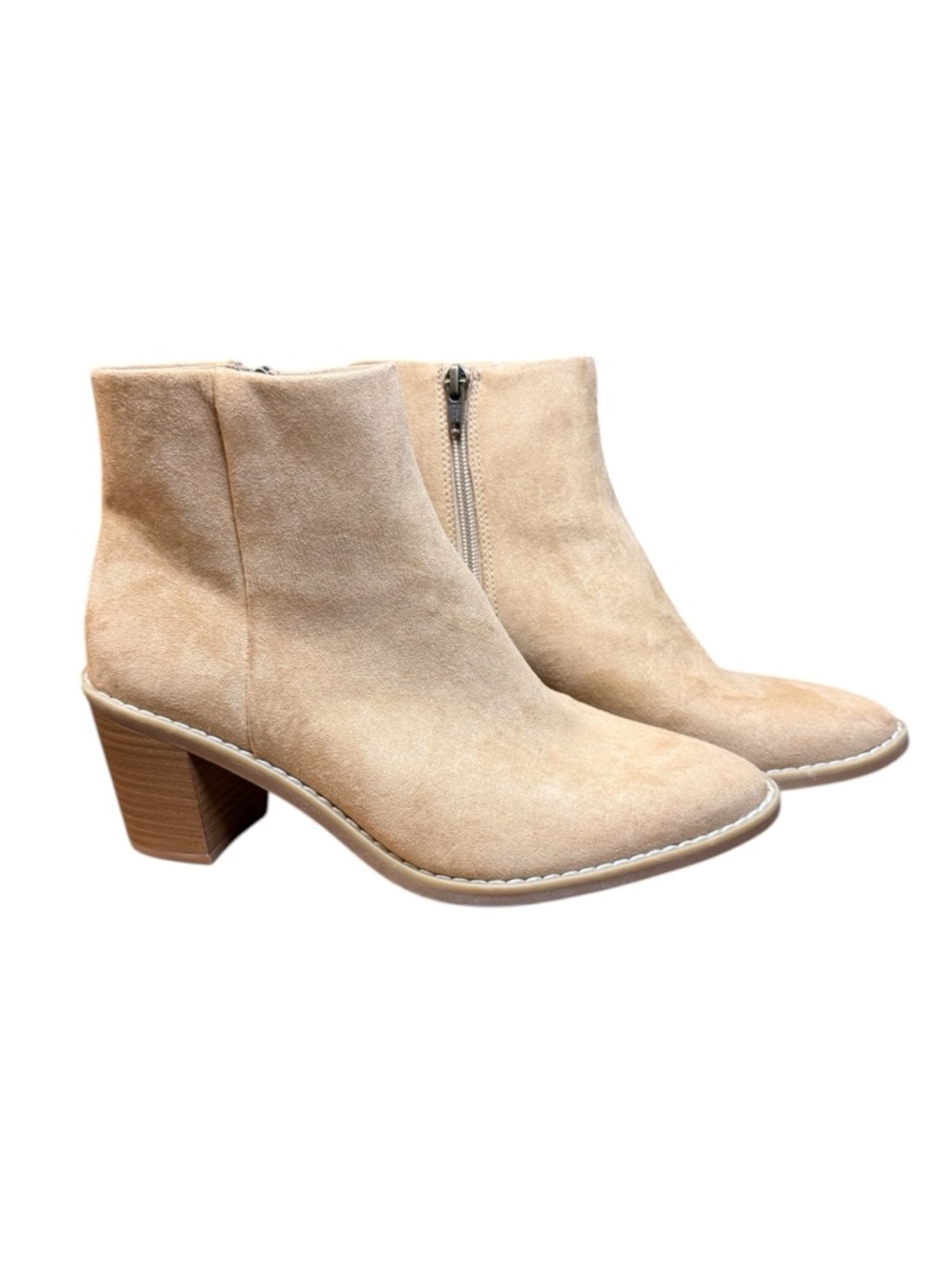 Beige Ankle Booties Block Heel Side Zip Suede Look Size 7.5